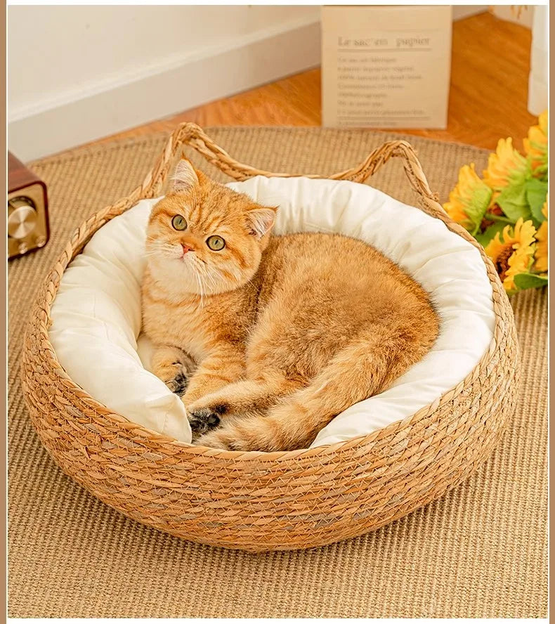 Cozy Woven Cat Bed with Soft Plush Cushion